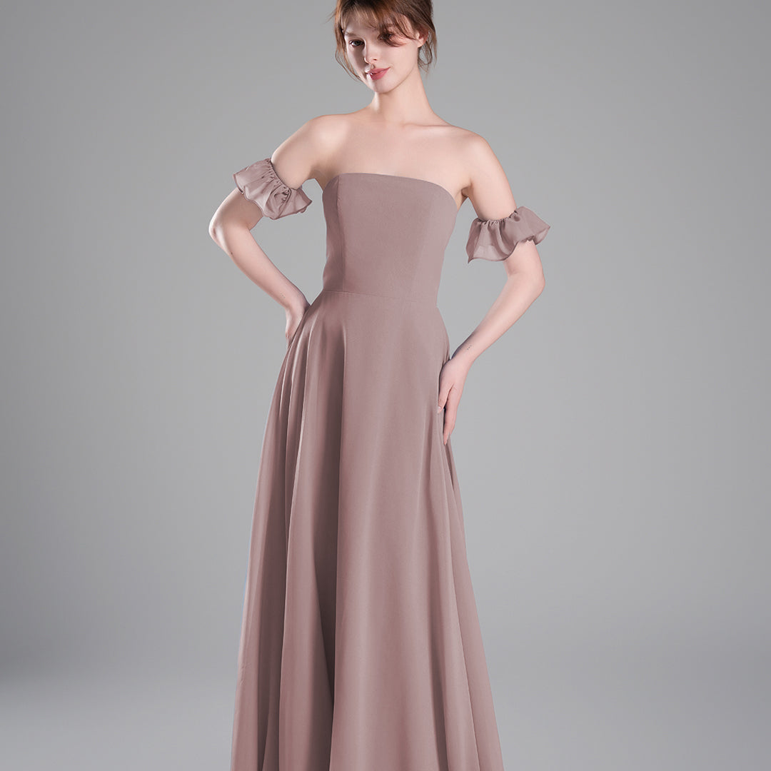 Off-Shoulder Ruffle Sleeves Figure Bodice A-line Dresses