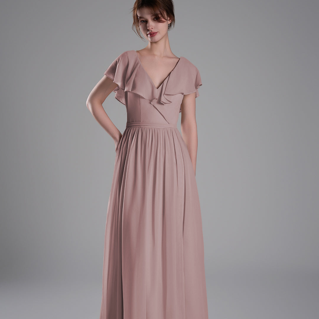 Deep V-Neckline Flutter Sleeves Tie Detail Dresses