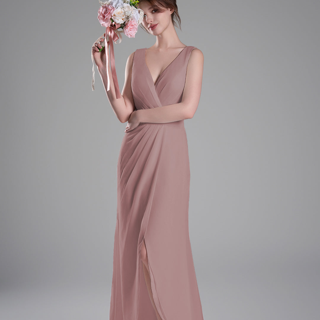 V-Neck Crossover Bodice Pleated Front Slit Dresses