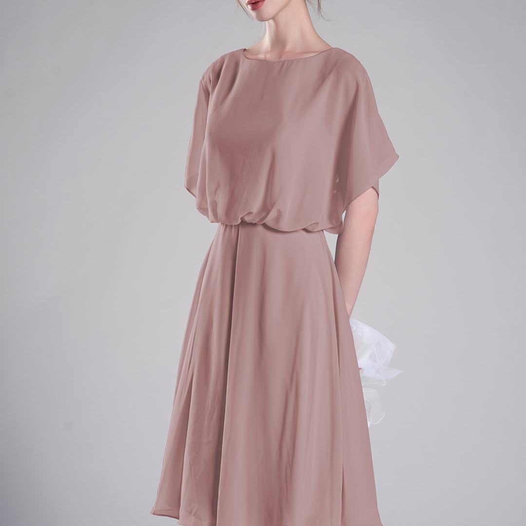 Round Neck Draped Sleeves Tie Detail Dresses