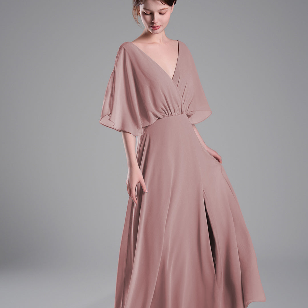 Draped Sleeves High Slit Backless Dresses