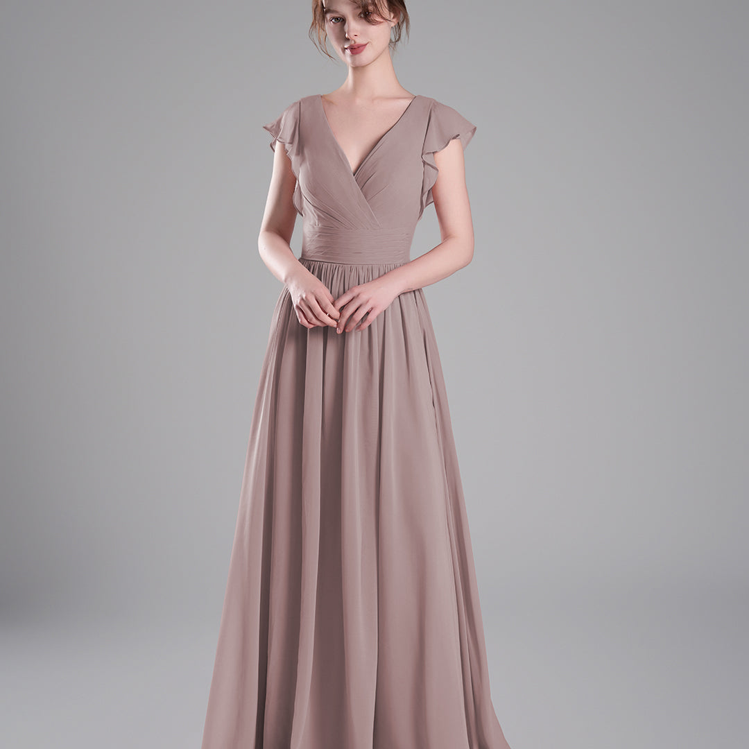 Flutter Sleeves Pleated Bodice Open Back Dresses