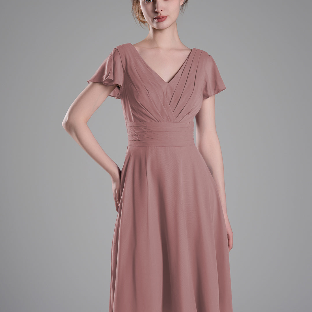 Flutter Sleeves Pleated V-Cut Back Mini Dresses