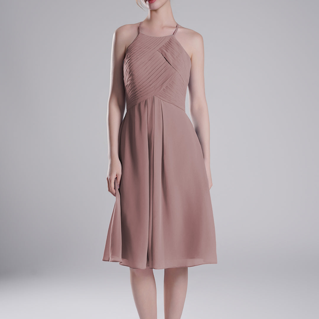Halter Neckline Pleated Bodice Open Back Mini Dresses
