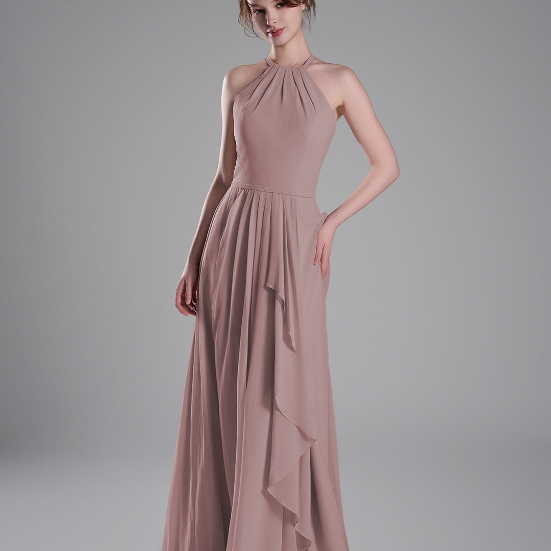 Halter Neckline Pleated Asymmetrical Ruffle Dresses