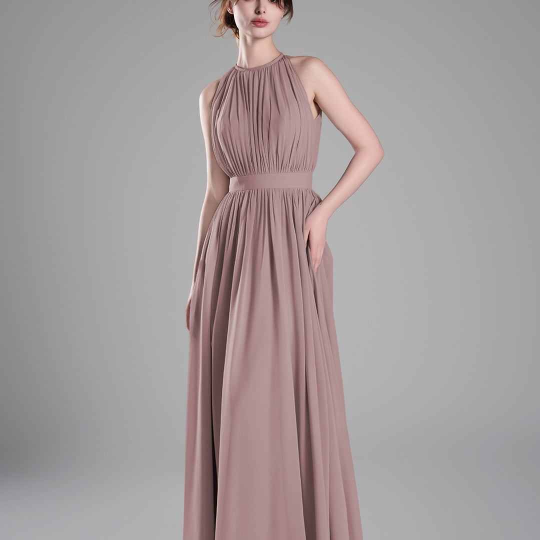 Halter Neckline Pleated Cinched Waist Dresses