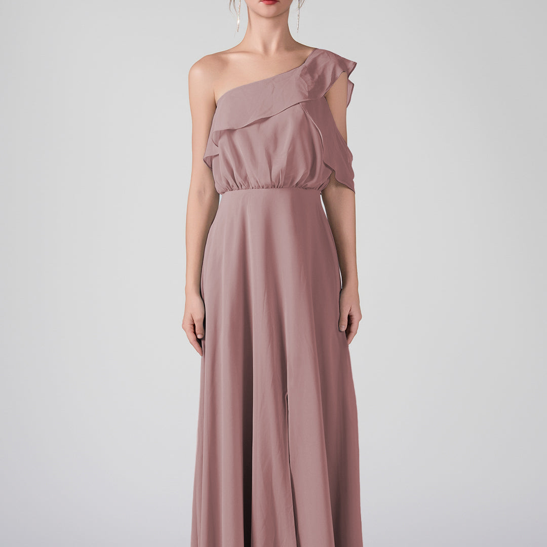 One Shoulder Ruffled Sleeves Front Split A-Line Maxi Dress