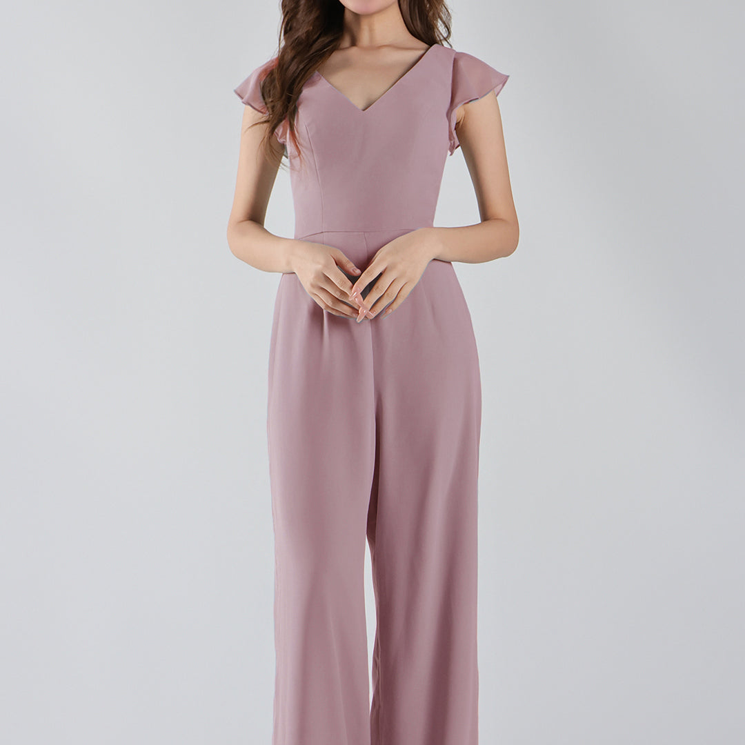 V-Neck Flutter Sleeves Wide-Leg Chiffon Jumpsuit