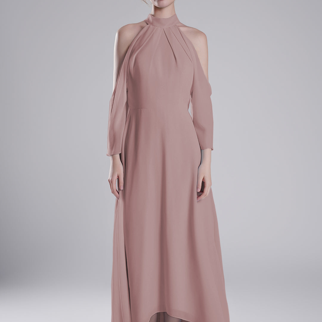 Back Tie Halter Neckline Tulle Long Sleeve Dresses