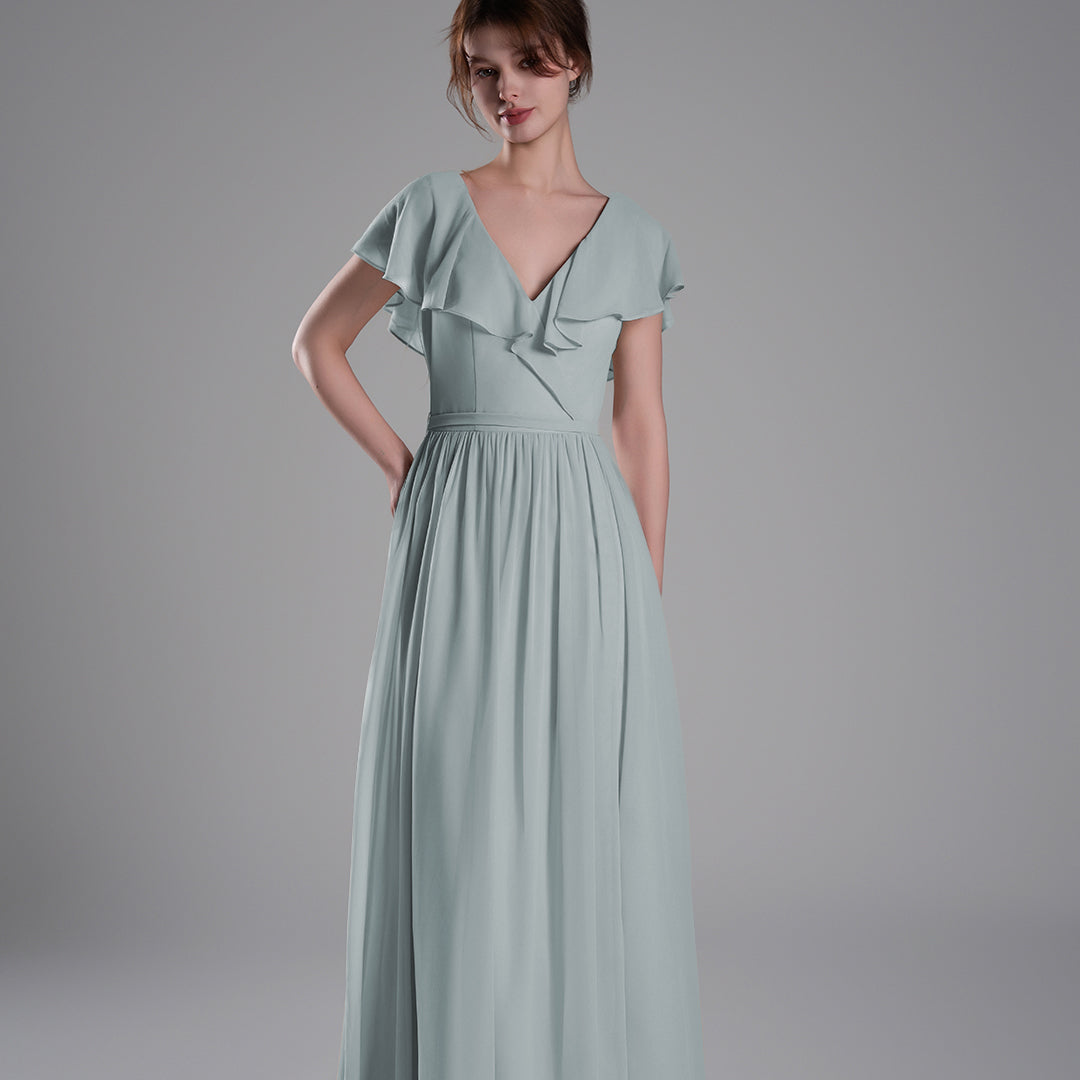 Deep V-Neckline Flutter Sleeves Tie Detail Dresses