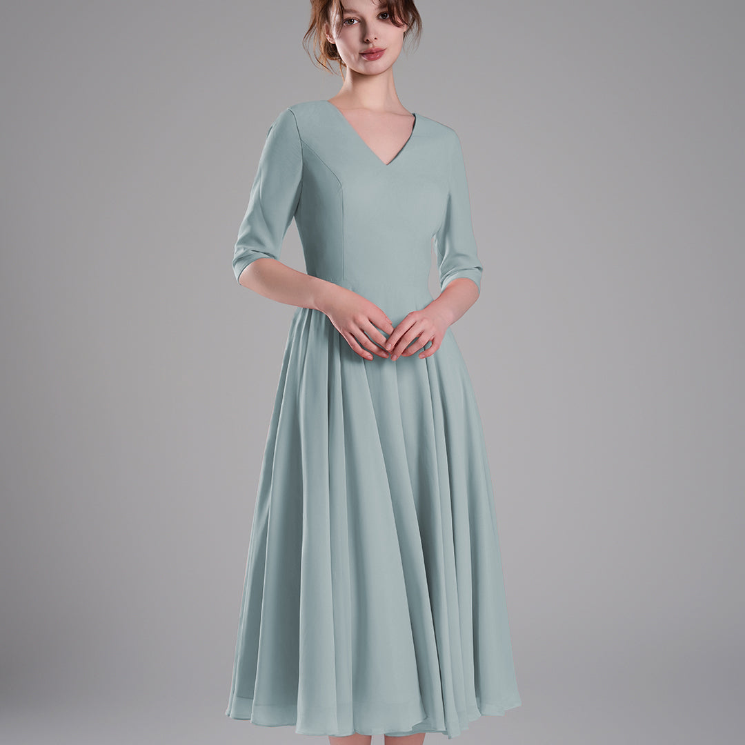 Elegant Chiffon Midi Dress with 3/4 Sleeves