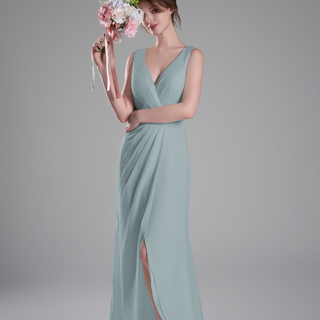 V-Neck Crossover Bodice Pleated Front Slit Dresses