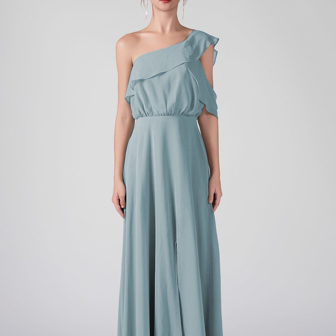 One Shoulder Ruffled Sleeves Front Split A-Line Maxi Dress