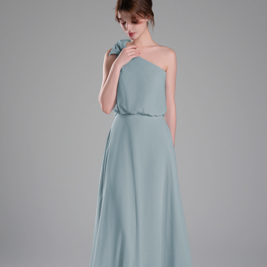One-Shoulder Bow Detail Flowing A-Line Dresses
