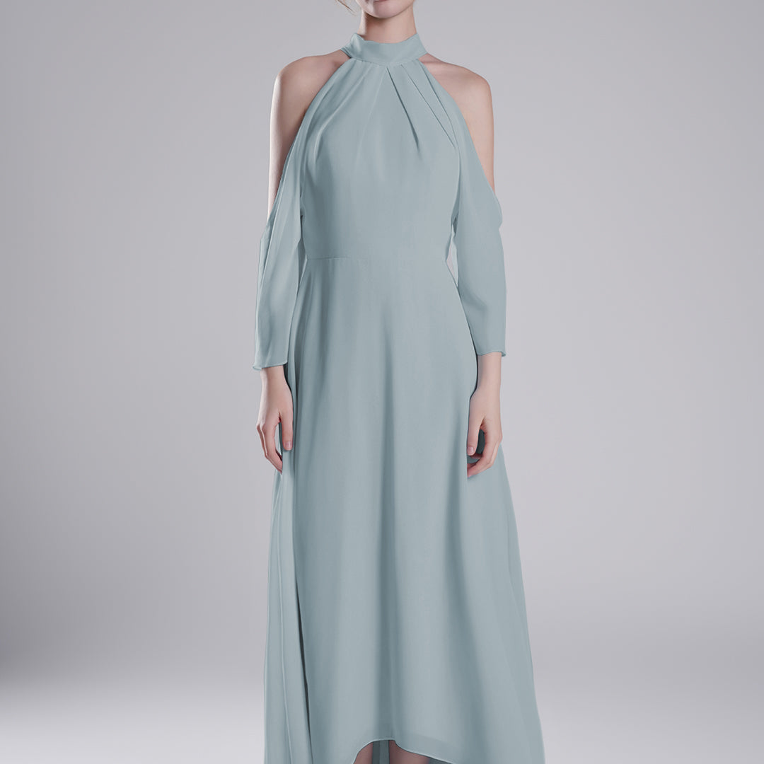 Back Tie Halter Neckline Tulle Long Sleeve Dresses