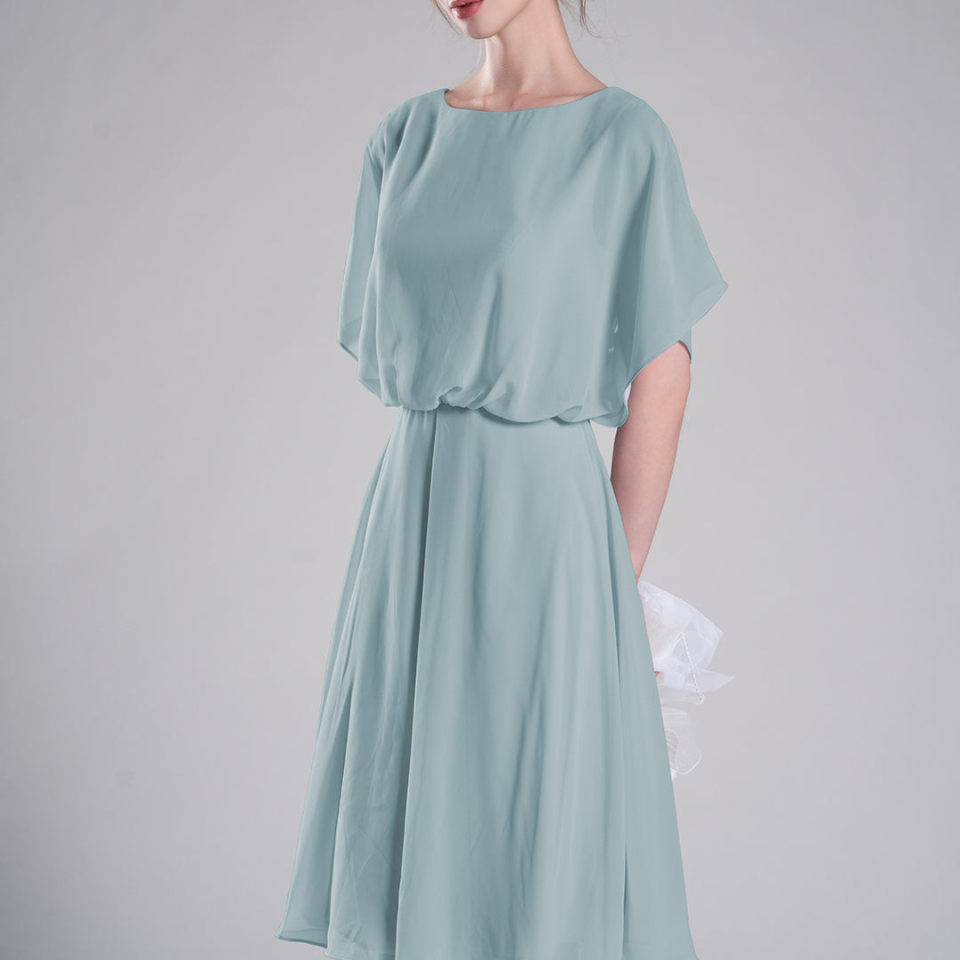 Round Neck Draped Sleeves Tie Detail Dresses