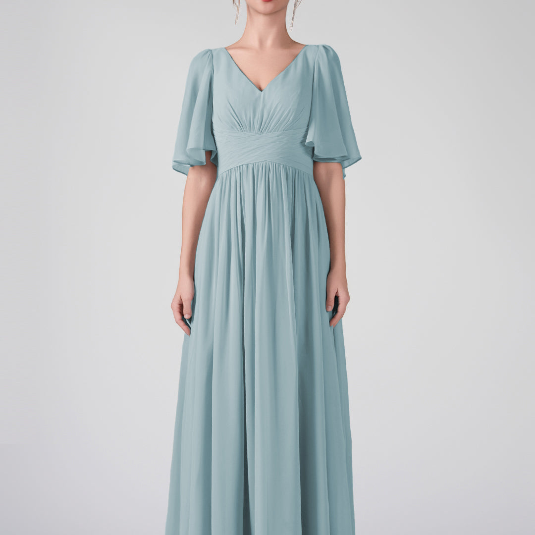 V-Neck Flowing Sleeves A-Line Ruffles Maxi Dresses