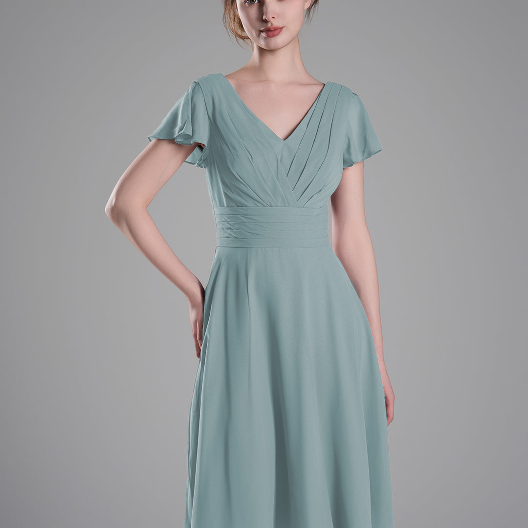 Flutter Sleeves Pleated V-Cut Back Mini Dresses