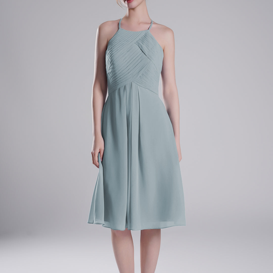Halter Neckline Pleated Bodice Open Back Mini Dresses