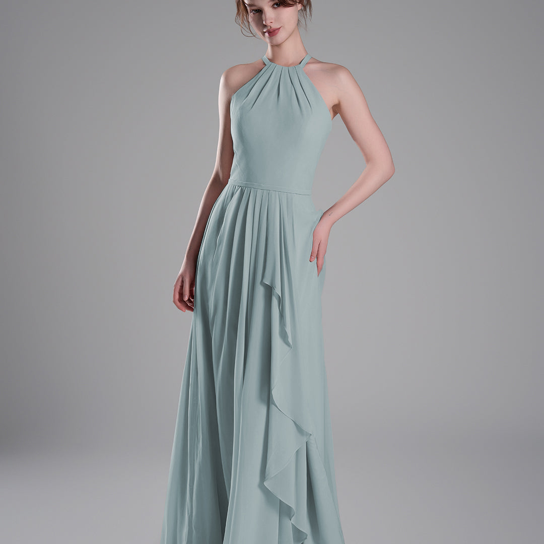Halter Neckline Pleated Asymmetrical Ruffle Dresses
