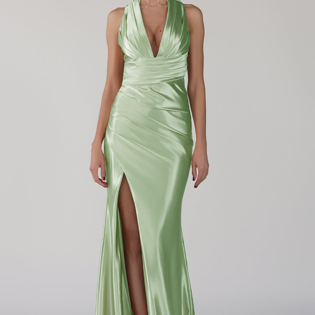 Robe de soirée à col en V et traîne nouée