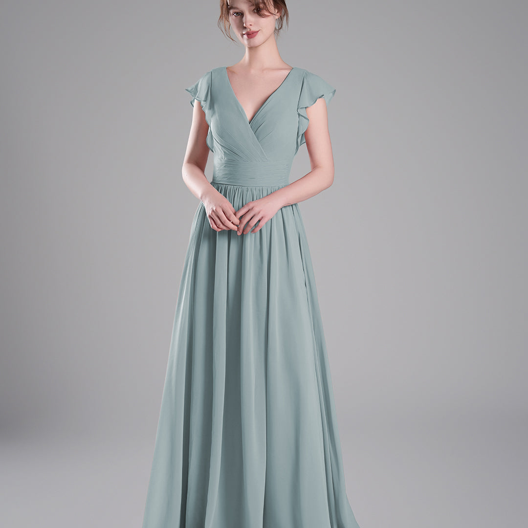 Flutter Sleeves Pleated Bodice Open Back Dresses