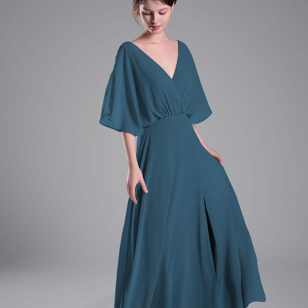 Draped Sleeves High Slit Backless Dresses