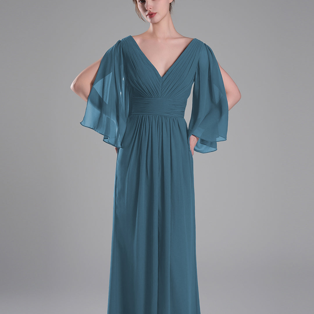 Flowing Chiffon Sleeves Ruched Waistline Slit Dresses