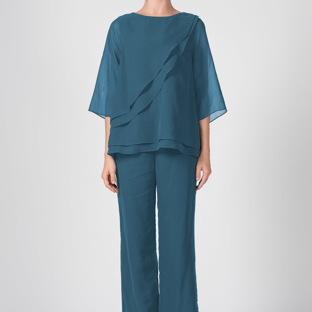2-Piece Mother of the Bride Sheer Sleeve Pant Suits