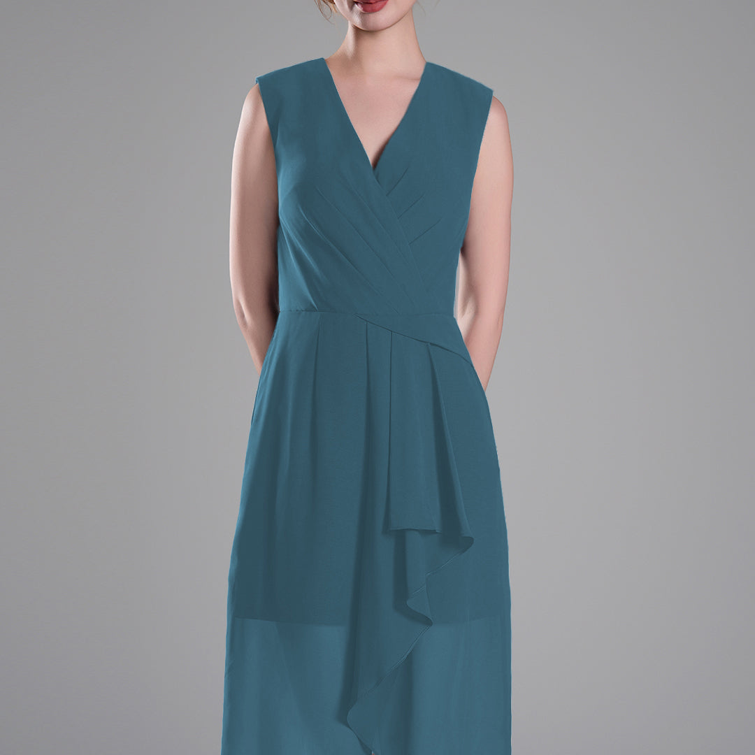 Sophisticated PleatedV-Neck Flared Hem Dress