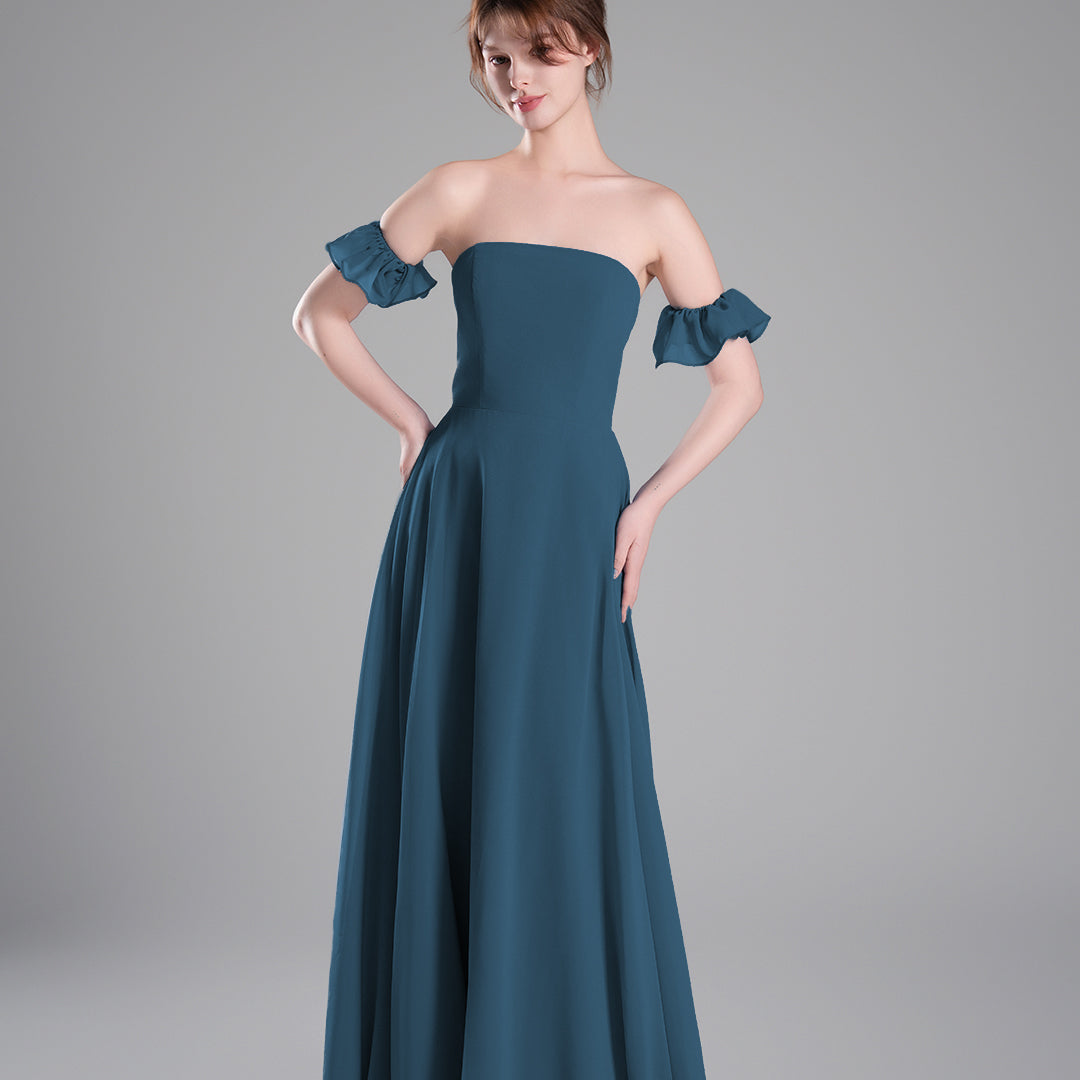 Off-Shoulder Ruffle Sleeves Figure Bodice A-line Dresses
