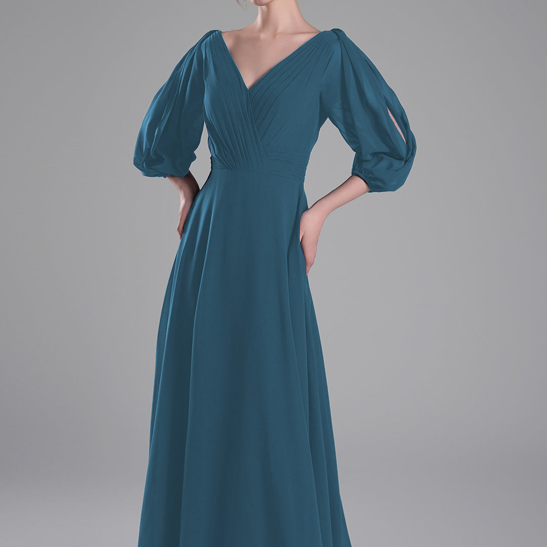 V-Neck Puffy Sleeves Pleated A-Line Dresses