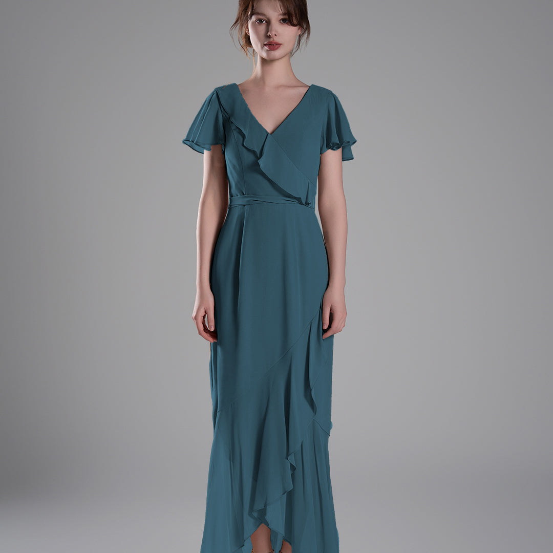 V-Neck Ruffled Detailing Pleated Patchwork Dresses