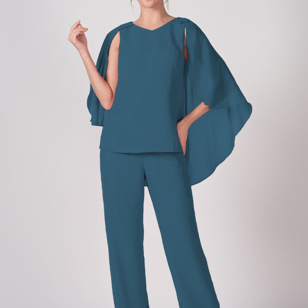 2-Piece Mother of the Bride Chiffon Pant Suits with Cape