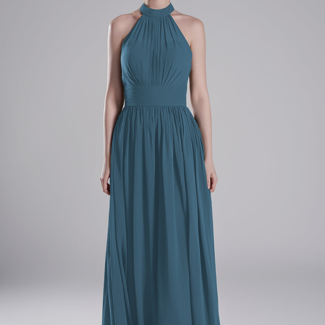 Halter Neckline Pleated Bodice Open Back A-Line Dresses