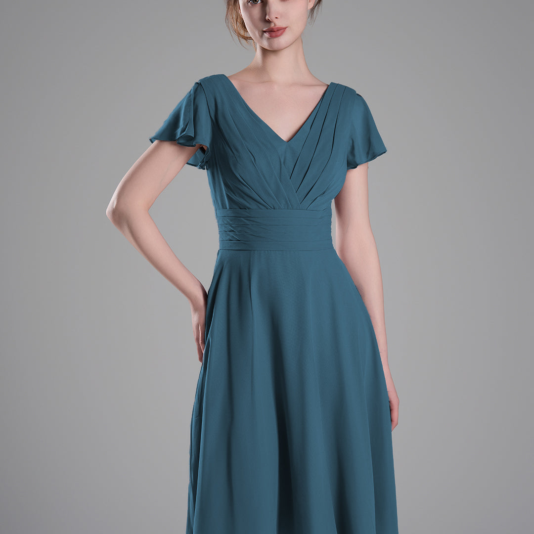 Flutter Sleeves Pleated V-Cut Back Mini Dresses