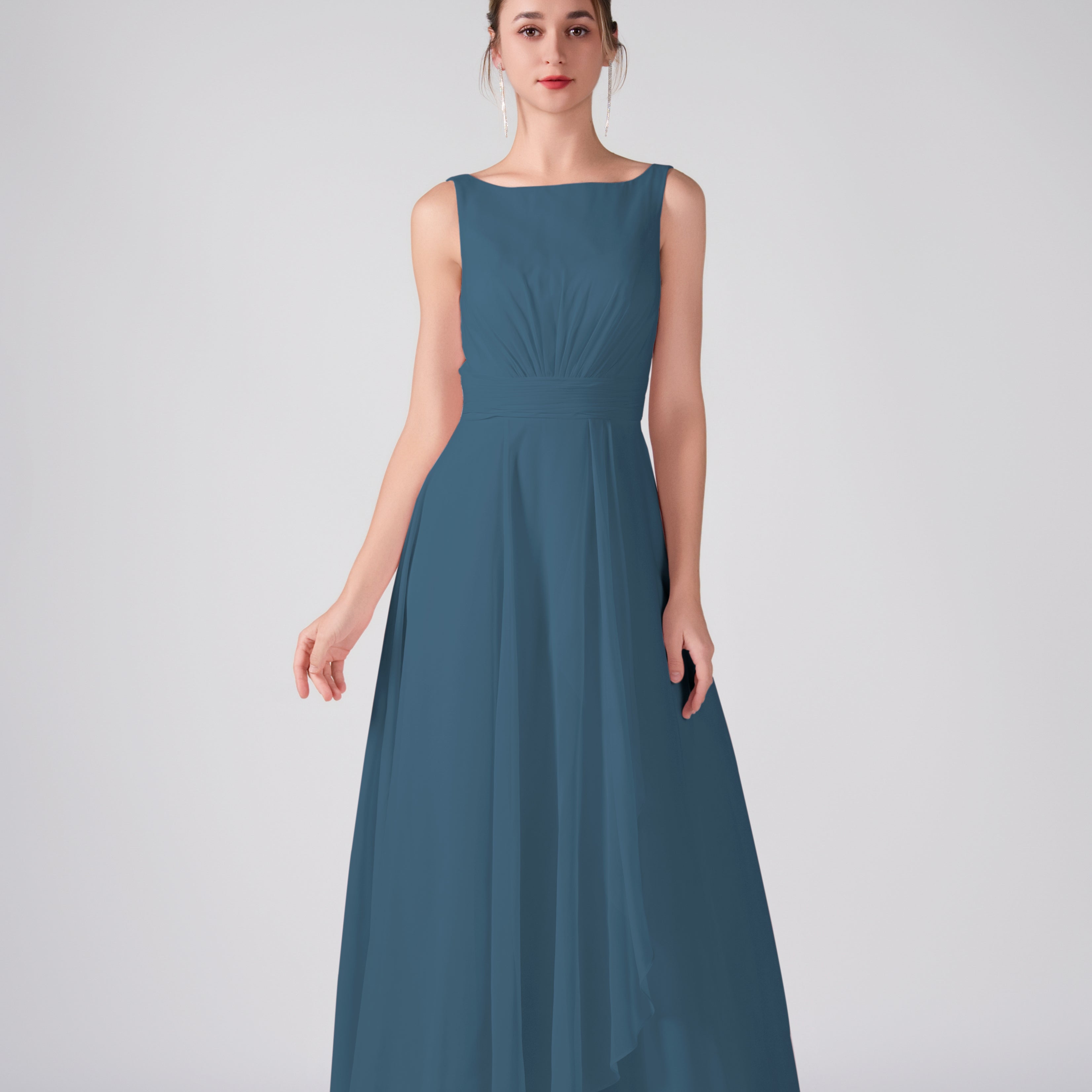 Bateau Neckline Sleeveless Ruched A-Line Maxi Dress
