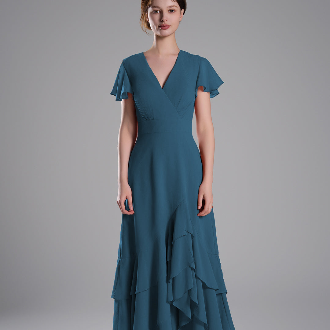 V-Neck Flutter Sleeves Asymmetrical Hemline Dresses