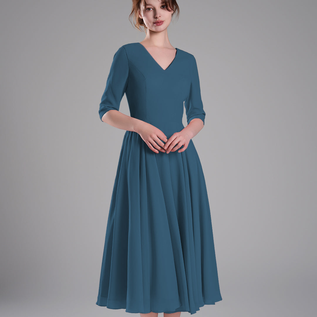 Elegant Chiffon Midi Dress with 3/4 Sleeves