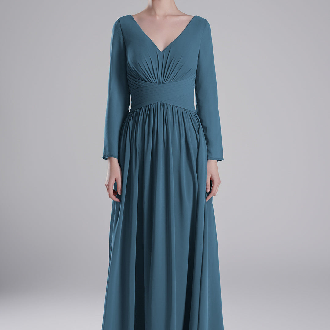 V-Neck Pleated Fitted Waist Flowing A-Line Dresses