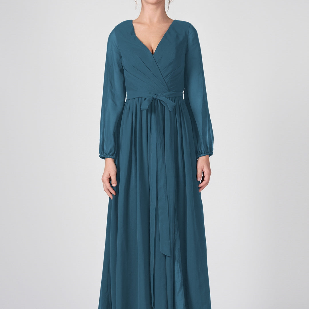 Ruched V-Neck Long Sleeve Split Maxi Dresses with Tie