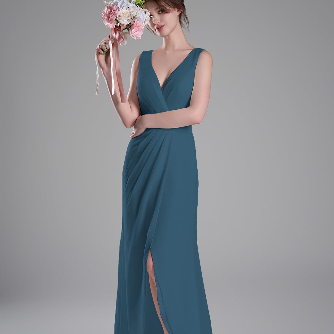 V-Neck Crossover Bodice Pleated Front Slit Dresses