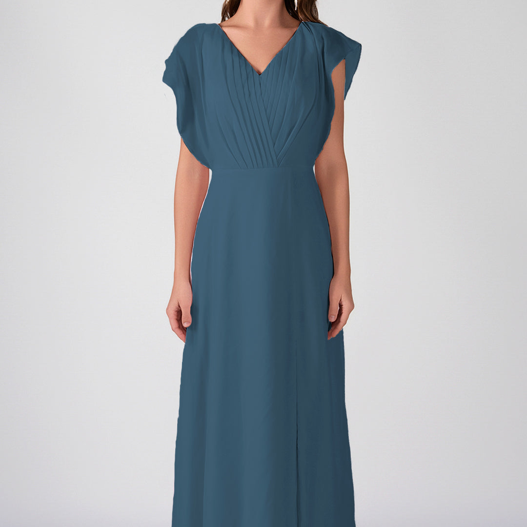 V-Neck Flutter Sleeves Pleats A-Line Maxi Dress