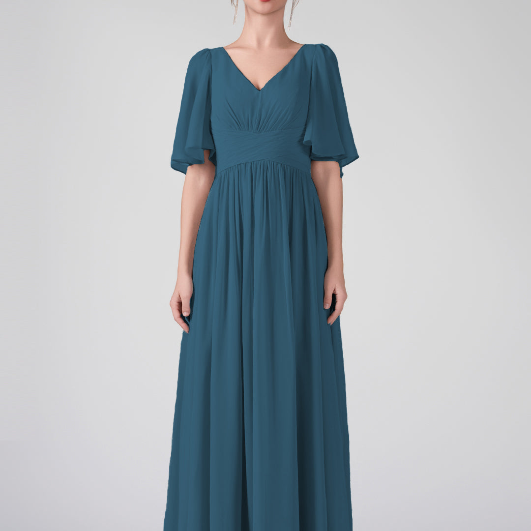 V-Neck Flowing Sleeves A-Line Ruffles Maxi Dresses