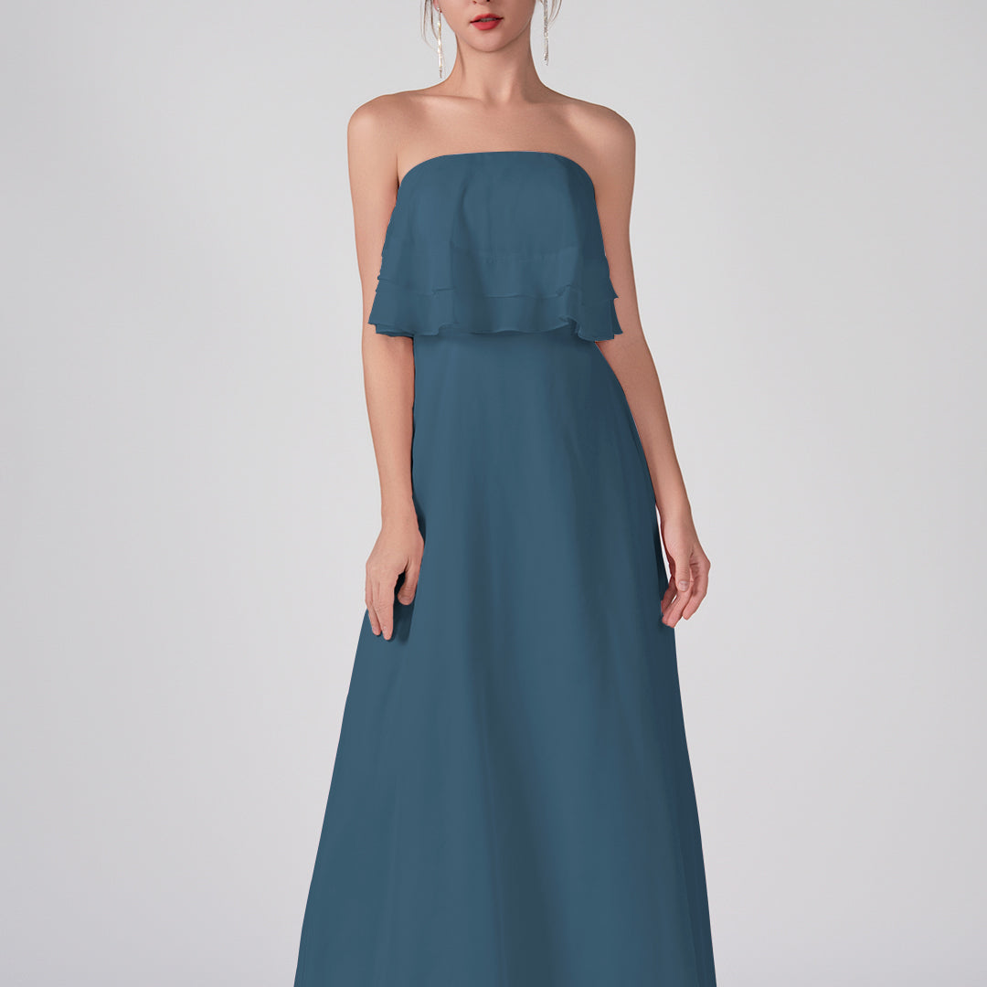 Robe trapèze en mousseline de soie sans bretelles à volants, longueur au sol