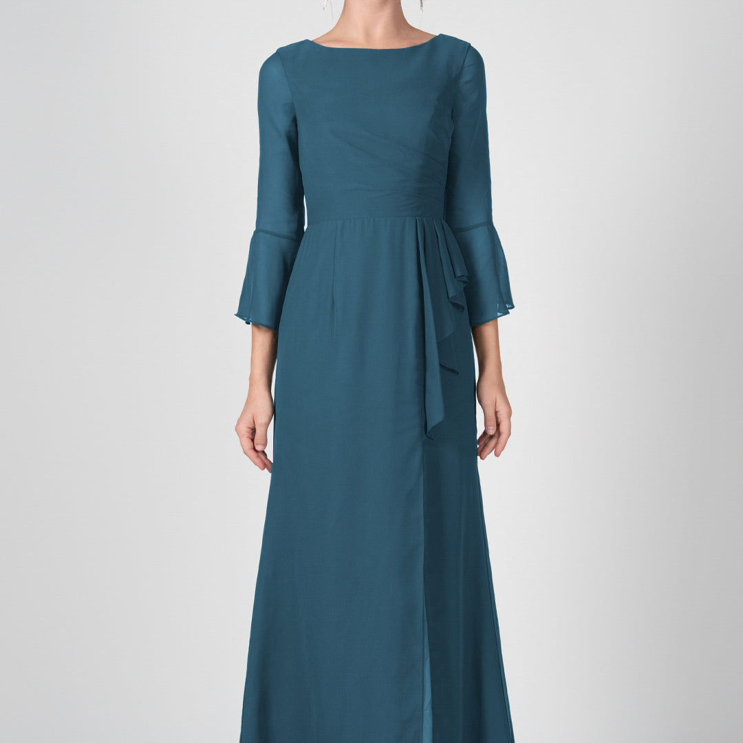 Bateau Neck Sheer Sleeve Split Maxi Dresses