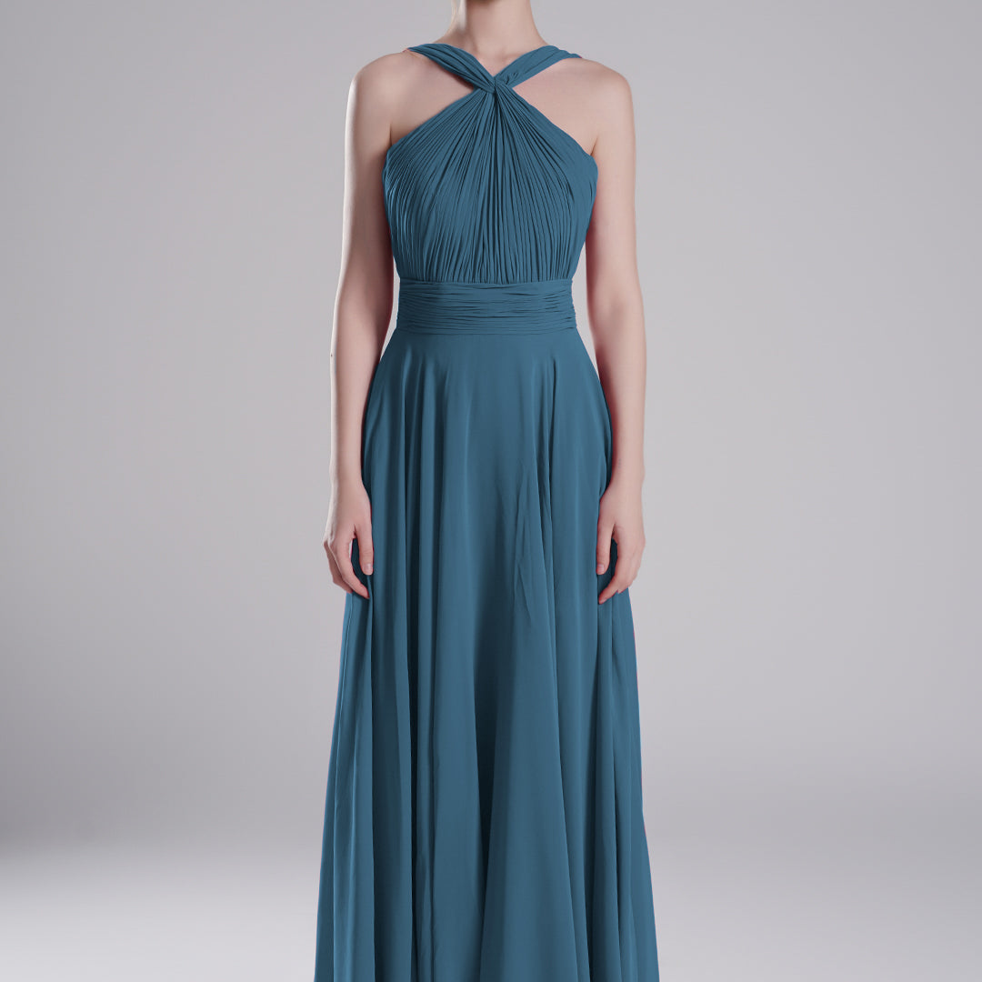 Halter Neck Cross Straps Pleated Waist A-Line Dresses