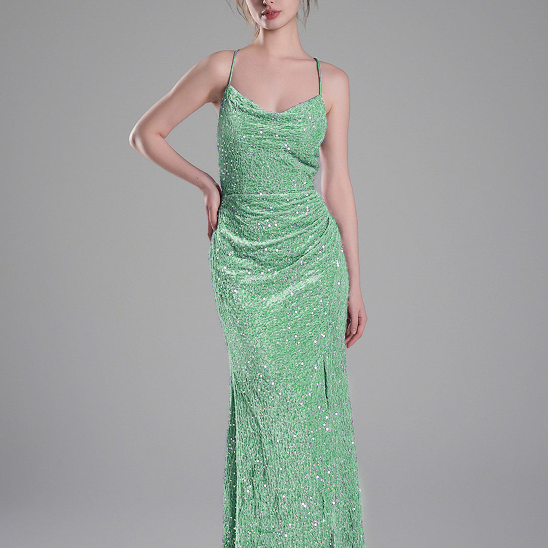 Cowl Neckline Eye-Catching Sequin Lace-Up Dresses