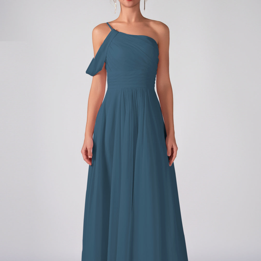 One Shoulder Off Shoulder Sleeve Ruched Bodice A-Line Maxi Dress