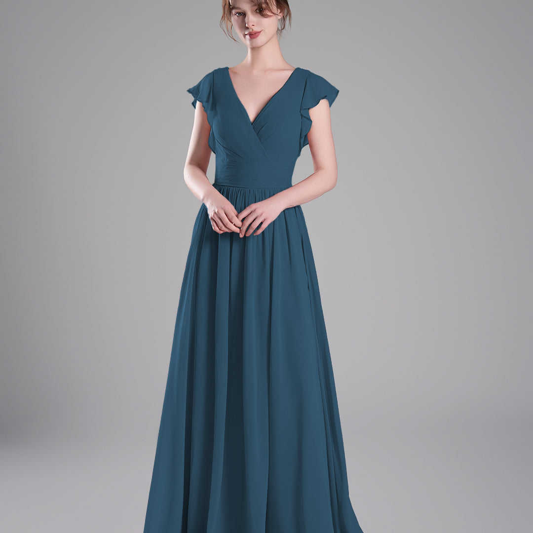 Flutter Sleeves Pleated Bodice Open Back Dresses